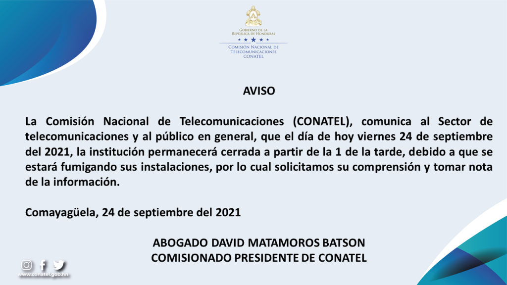 CONATEL AVISA QUE HOY SE ATENDERÁ AL PÚBLICO HASTA LA 1: PM, POR MOTIVOS DE  FUMIGACIÓN – Conatel